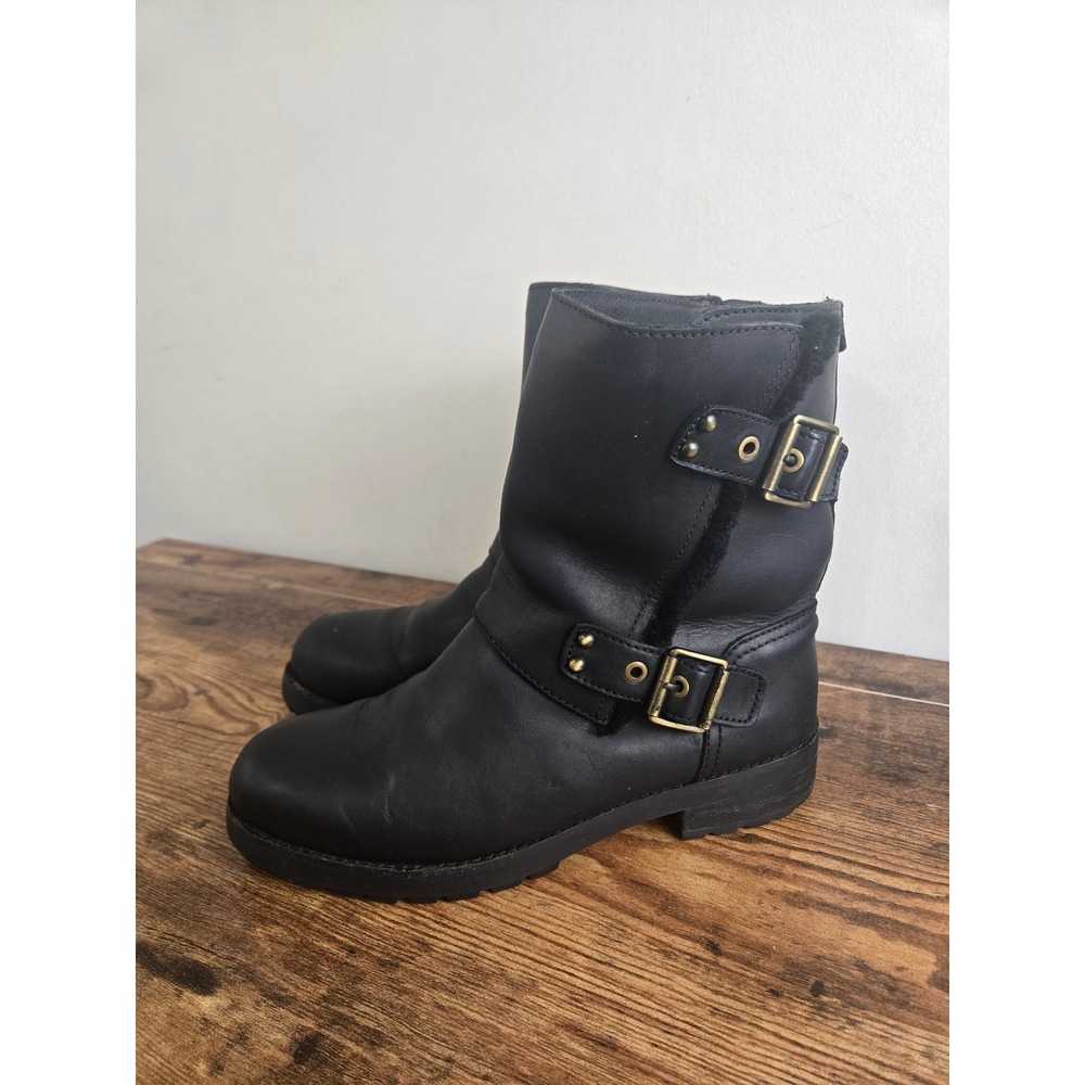 UGG Niels Black Leather Moto Boots Shearling Lined Buckle Mid Calf 1005608
